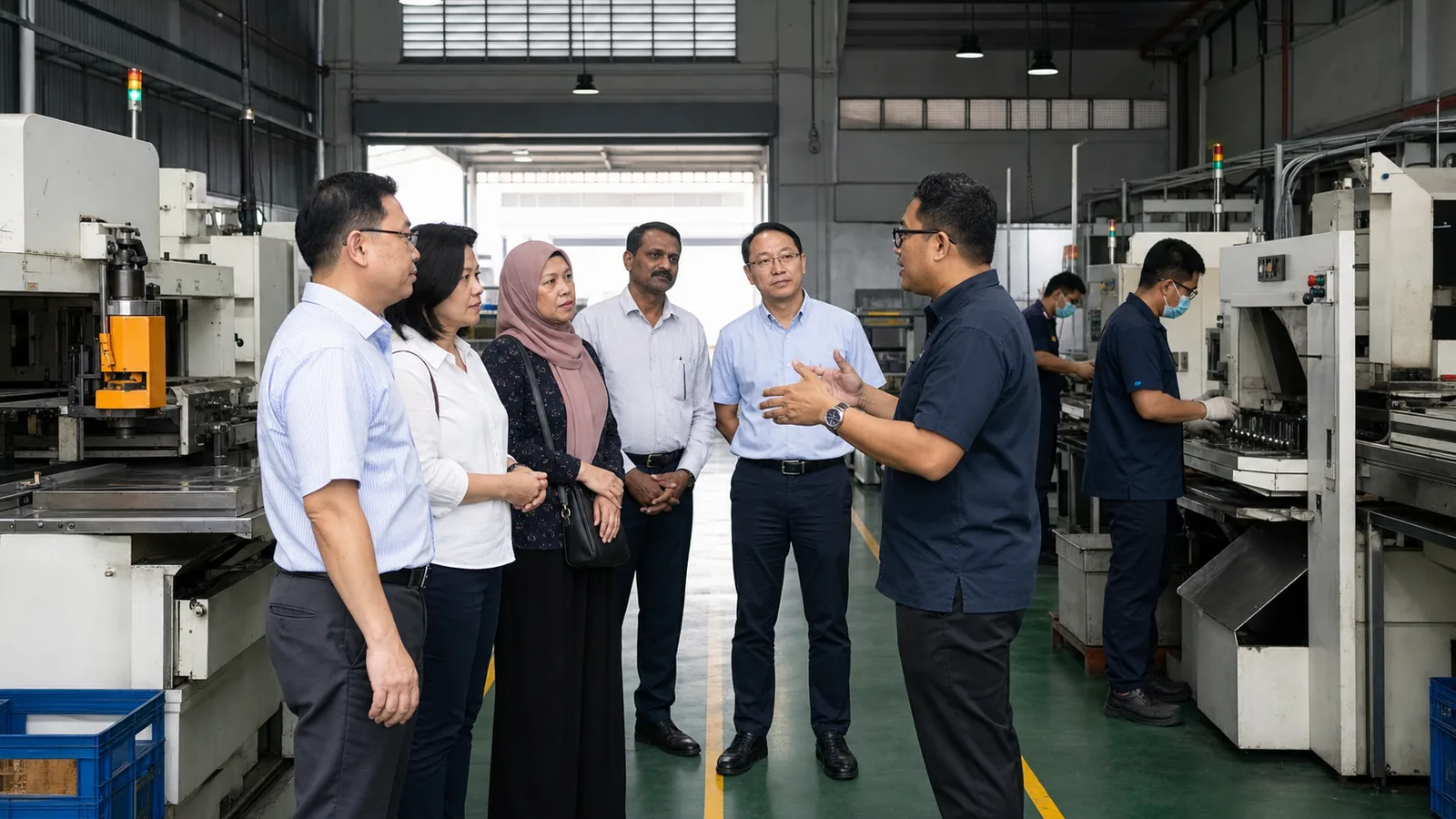 Malaysian business visitors tour a light-manufacturing workshop in Selangor.