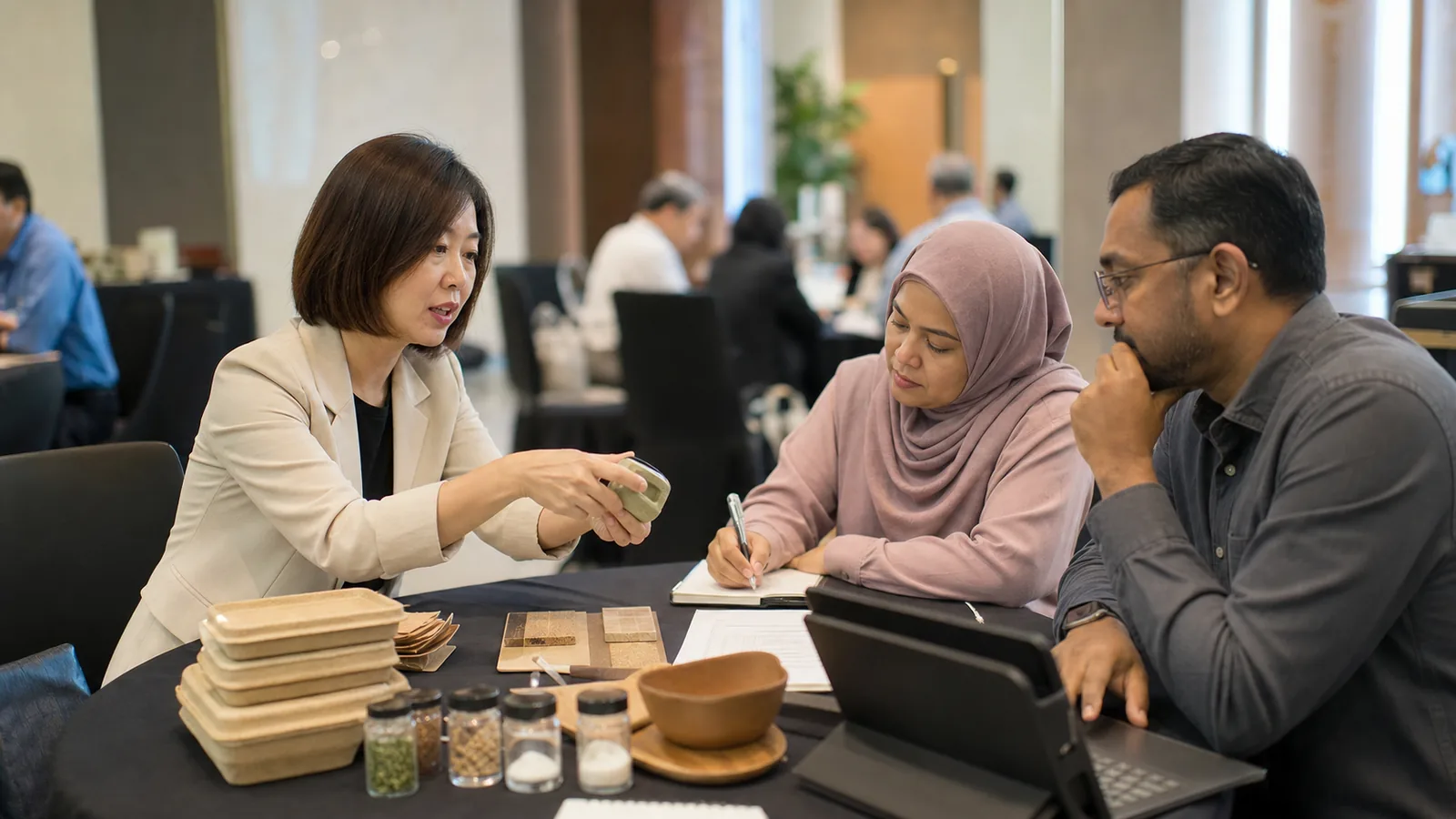 An SME supplier presents product samples to Malaysian procurement representatives.