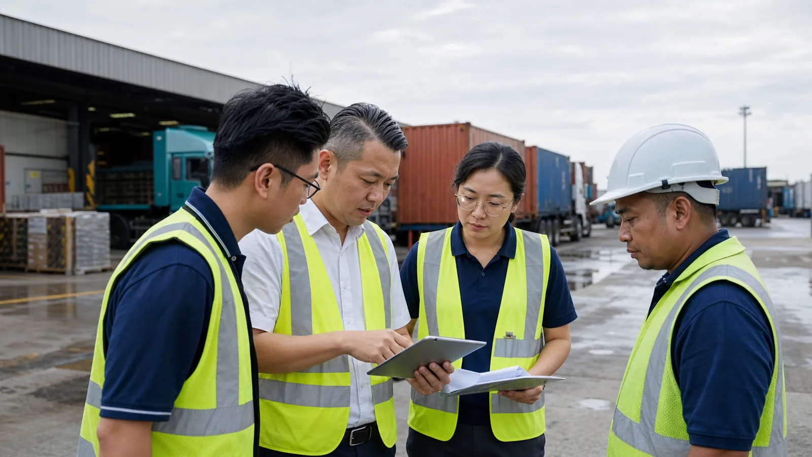 A Malaysian logistics team coordinates a shipment near Port Klang.